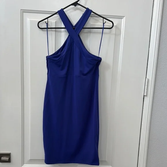 Leith Royal Blue Bodycon Sheath Dress with Halter Neckline for Cocktail - Picture 2 of 5